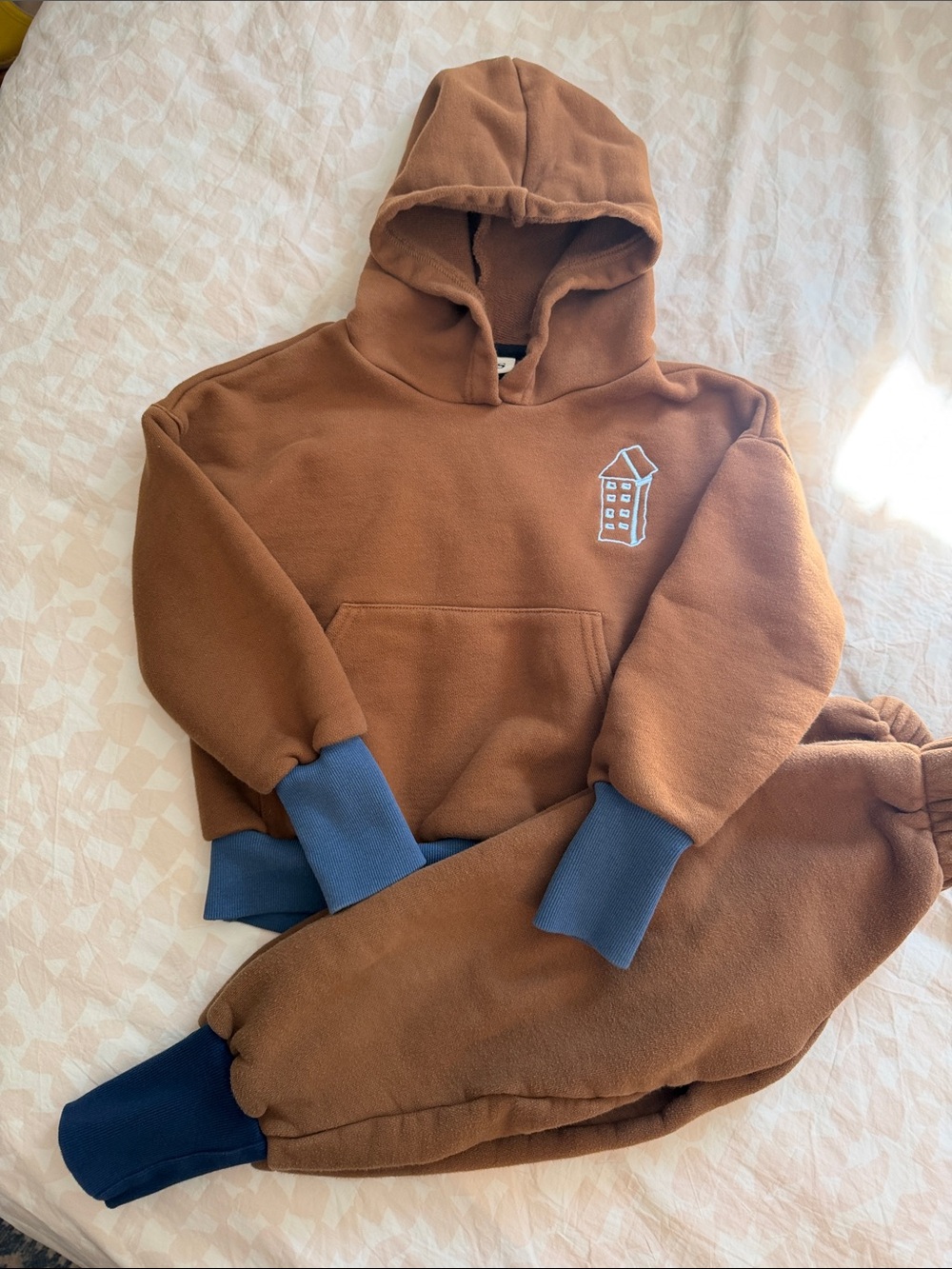 Kids Brown Hooded Fleece Matching Set with Blue Contrast Cuffs